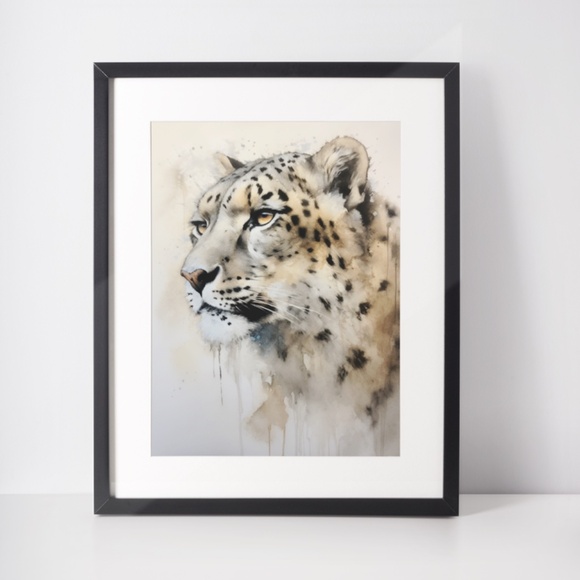 Watercolor Snow Leopard Portrait Wall Art Illustration Print Poster Unframed - Picture 3 of 5